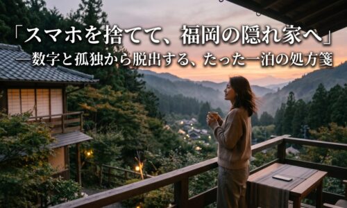 福岡でウェルビーイングを叶え、心身を整える場所となる隠れ家リトリートで、スマホを置いて夕暮れの山並みを眺める女性のアイキャッチ画像