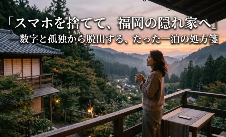 福岡でウェルビーイングを叶え、心身を整える場所となる隠れ家リトリートで、スマホを置いて夕暮れの山並みを眺める女性のアイキャッチ画像
